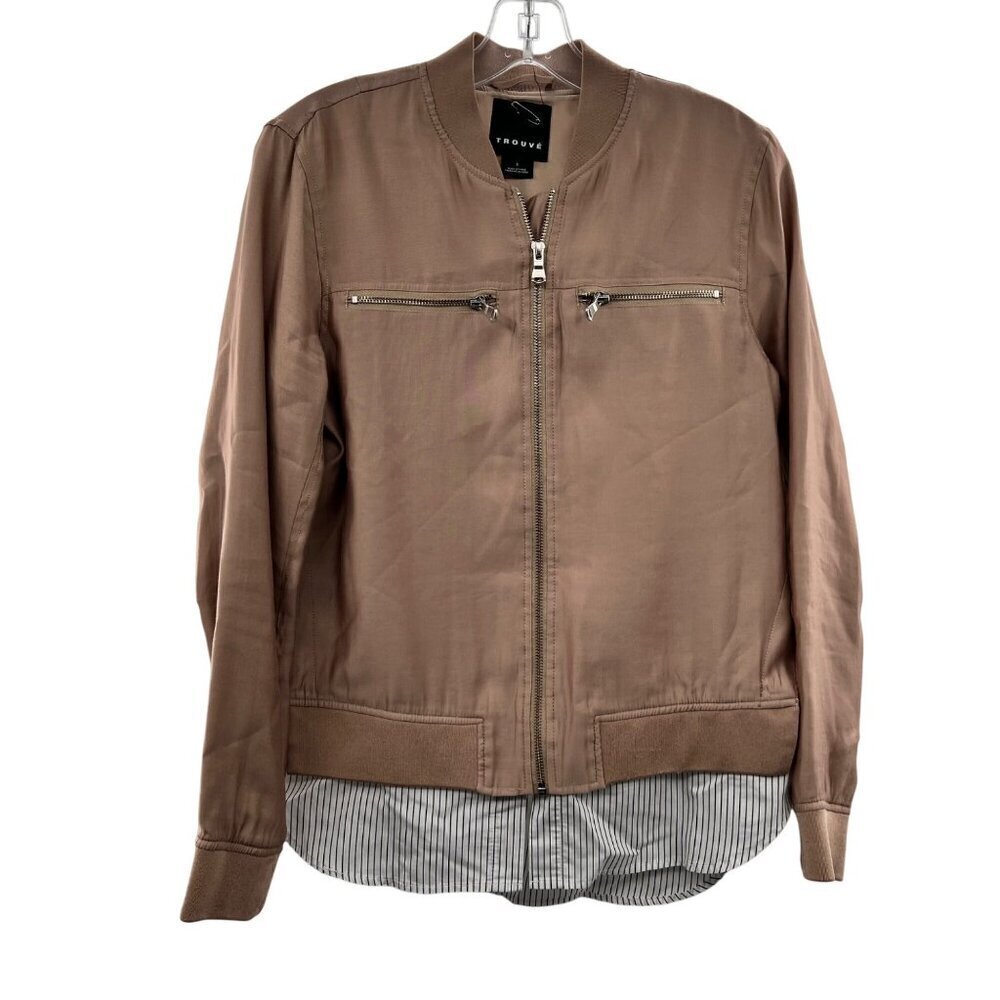 Trouve Mixed Media Full Zip Jacket Tan/Multi Size Small Pockets